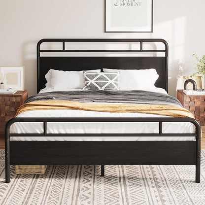 Allewie Queen Size Platform Bed Frame with Wooden Headboard and Footboard, Heavy Duty 13 Metal Slats Support, Under-Bed Storage, No Box Spring Needed, Noise Free, Easy Assembly, Black Oak