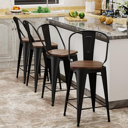 Aklaus Swivel Metal Bar Stools Set of 4 Counter Height Stools Counter Bar Stools with Back Swivel Metal Bar Chairs Wooded Seat 26 Inch Matte Black barstools