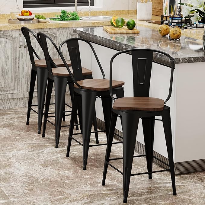 Aklaus Swivel Metal Bar Stools with Backs Counter Stools Set of 4 Counter Height Stools High Back Bar Chairs 24 Inch Barstools Farmhouse Matte Black
