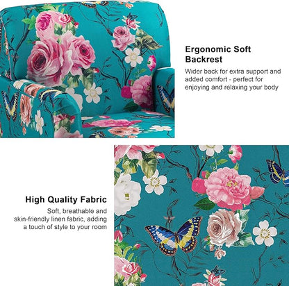Accent Chair, Mid Century Modern Comfy Armchair for Living Room, Linen Fabric Single Sofa Lounge for Reading Bedroom Apartment Waiting Room with Wood Legs (Floral, Set of 1)