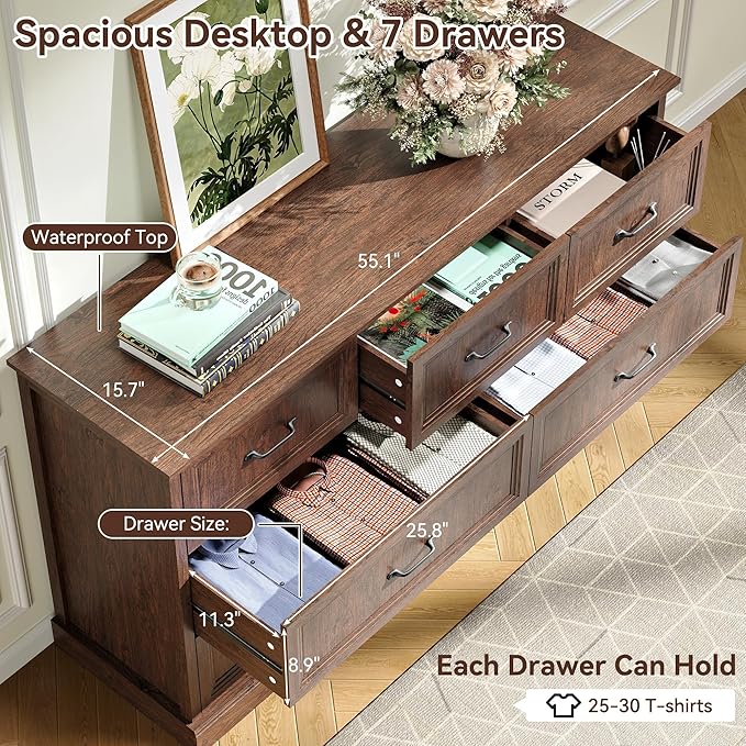 Farmhouse Dresser and Nightstand Sets, 4Pcs Bedroom Furniture Set, Nightstand Set of 2 & 55" Wide 7 Drawer and 44" Tall 5 Drawer Dresser with Large Drawers & Bar Handles, Brown