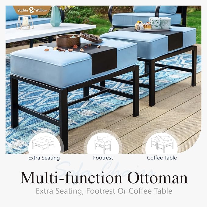 Sophia & William Patio Furniture Sets for 7 with 45" Gas Fire Pit Table Outdoor Conversation Sets 6 Pcs, 2 x Swivel Cushioned Sofa Chairs, 1x3-Seat Sofa, 2xOttomans for Backyard Poolside Blue