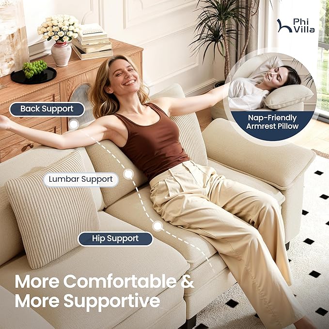 PHI VILLA Modern Modular Couches Sets, 123.6" Cloud Sectional Sofa with Upholstered Deep Seat, 3-Seater Couch for Living Room Small Spaces, Chenille Fabric, Beige