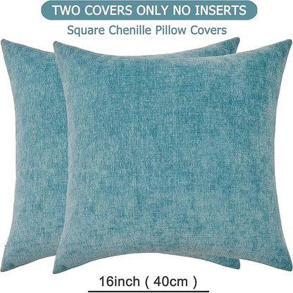 GAWAMAY Decorative Throw Pillow Covers 16x16 Inch Set of 2, Super Soft Chenille Square Pillows Farmhouse Fall Pillowcase for Living Room Bedroom Sofa Couch Cushion Cover Smoke Blue 40x40cm