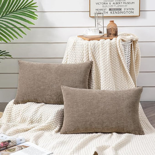 GAWAMAY Lumbar Pillow Decorative Rectangle Throw Pillow Covers 12"x20" Inch Set of 2, Super Soft Chenille Pillowcase for Living Room Bedroom Sofa Couch Cushion Cover Taupe Grey 30x50cm (ONLY Covers)