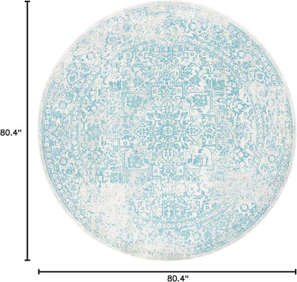 SAFAVIEH Evoke Collection Area Rug - 6'7" Round, Ivory & Aqua, Distressed Design, Non-Shedding & Easy to Clean, Ideal for Living Room, Bedroom, Dining Space (EVK256J)