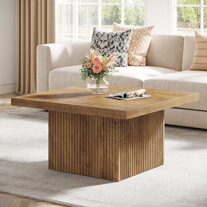 Tribesigns Square Coffee Table, 31.5-Inch Fluted Coffee Table, Mid-Century Modern Living Room Table, Large Cocktail Table for Living Room, Easy Assembly, Yellow