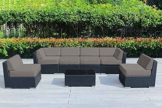 Outdoor Patio Furniture with 6-inch Thick Rainshield Cushions, No-Assembly 7-Piece All-Weather Wicker Sectional Set (Sunbrella Taupe)