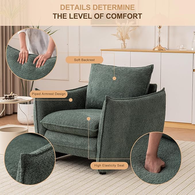 Oversized Accent Chair, Modern Single Sofa Cloud Chairs with Removable Pillow, Deep Seat Comfy Armchair for Living Room Bedroom Reading Nook - Upholstered Lounge Chair (Green)