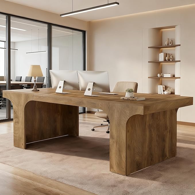 Tribesigns 70.9-Inch Executive Desk, Large Wooden Computer Office Desk, Modern Writing Table Business Workspace Home Office Furniture with Arched Design, Rustic Wood Grain