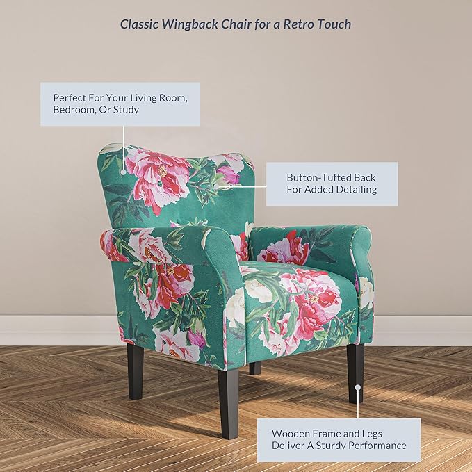 BELLEZE Modern Accent Chair, High Back Armchair, Upholstered Wingback Side Chair, Padded Single Sofa with Wooden Legs for Living Room, Bedroom - Green & Flower