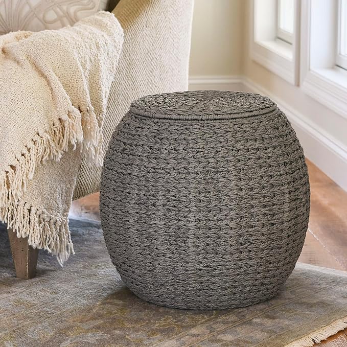 Household Essentials Handwoven Paper Rope Barrel Wicker Storage Basket Side Table, Gray