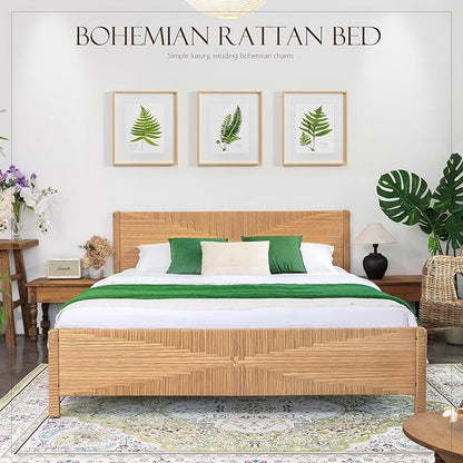 Yechen Hand-Woven PE Rattan King Bed Frame with Headboard and Footboard, Boho Mid Century Modern Bedframe with Vintage Pattern, Wicker Bed with Metal Frame and Slats, No Box Spring Needed, 1000lbs