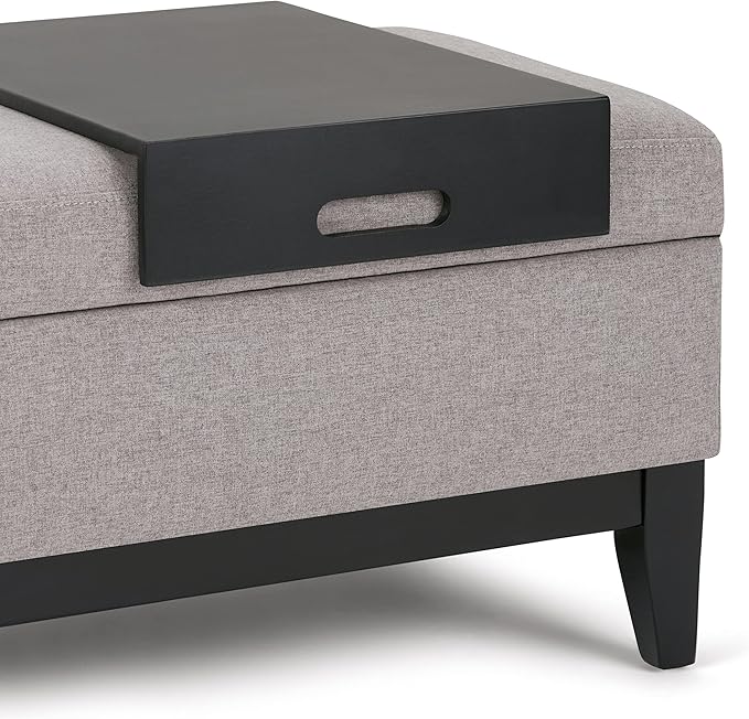 SIMPLIHOME Oregon 42 inch Wide Contemporary Rectangle Storage Ottoman Bench with Tray in Cloud Grey Linen Look Fabric, Assembled, For the Living Room, Entryway and Family Room
