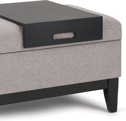 SIMPLIHOME Oregon 42 inch Wide Contemporary Rectangle Storage Ottoman Bench with Tray in Cloud Grey Linen Look Fabric, Assembled, For the Living Room, Entryway and Family Room