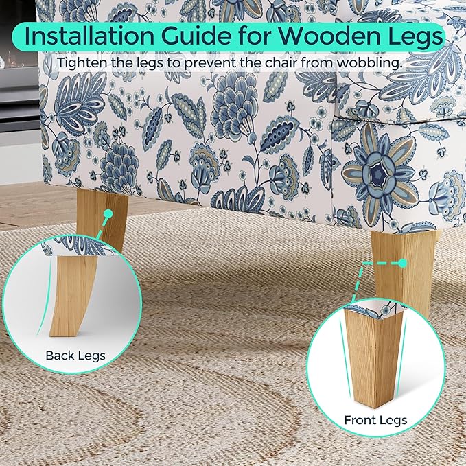 LINSY Floral Accent Chair, Large Armchair with Rubberwood Legs, Mid Century Upholstered Reading Chair, Comfy Oversized Single Sofa Chair for Living Room Bedroom Office Study, Floral Blue