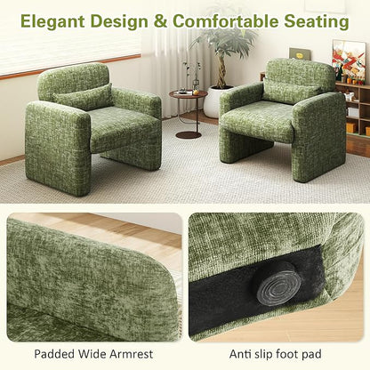 LSSPAID Modern Accent Chairs, Chenille Fabric Armchairs for Living Room, Comfy Upholstered Leisure Single Sofa Chair with Lumbar Pillow for Bedroom, Balcony, Office (Green, Set of 1)
