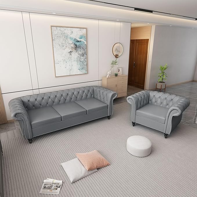 2 Piece Living Room Sofa Set, 3 Seater Faux Leather Sofa Couch and Chair Set, Mid Century Modern Upholstered Couch with Cushions, Vintage Comfy Tufted Chesterfield Couches for Bedroom, Office (Grey)