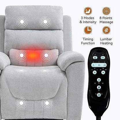 PELUMY Power Lift Recliner Chair for Elderly with Massage and Heat, Dual Motor Heavy Duty 350lbs Recliner, 8-Point Vibration & Lumbar Heating, Electric Lift Chair (Chenille, Light Grey)