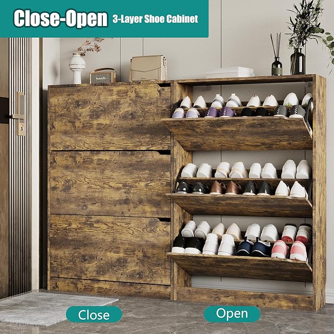 Shoe Storage Cabinet for Entryway with 3 Flip Drawers, Sturdy Wood Hidden Shoe Storage, Freestanding Narrow Slim Shoe Organizer for Front Door Entrance, Living Room, Hallway, Bedroom, Brown