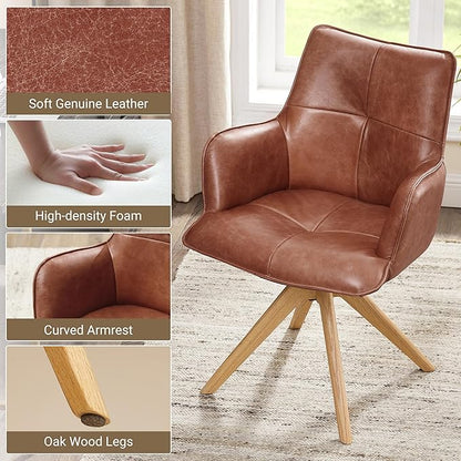 Art Leon Home Office Desk Chair - Genuine Leather Upholstered Accent Armchair, Mid Century Swivel Chair with Black Oak Wood Legs for Small Space Living Room Bedroom, Red Brown