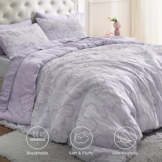Bedsure Queen Size Comforter Set, Light Purple Boho Tufted Bed Set, 3D Puffy Jacquard Bedding Queen Size, 3 Pieces, 1 Farmhouse Shabby Chic Embroidery Comforter with Bow Pattern & 2 Pillow Cases