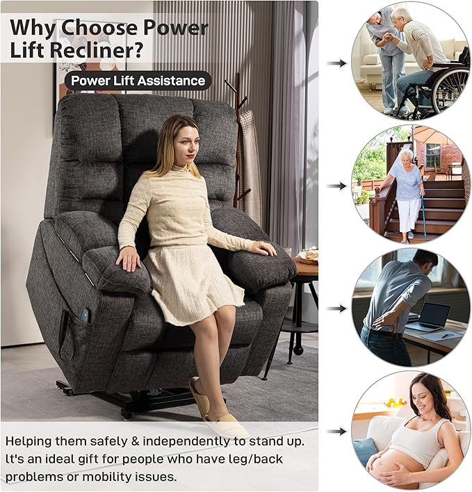 Oversized Zero Gravity Power Lift Recliner Chair for Elderly Adults Big Man Electric Lay Flat Recliner Triple Motor with Heat and Massage, Adjustable Seat Height, Arm Storage, Cup Holder