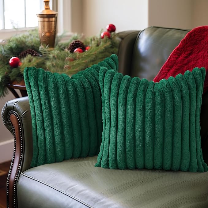 Pallene Faux Fur Plush Christmas Throw Pillow Covers 18x18 Set of 2, Luxury Soft Fluffy Striped Decorative Pillow Covers for Sofa, Couch, Living Room, Christmas Green