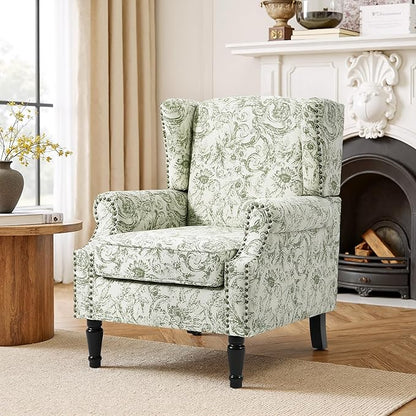 Accent Chair, Upholstered High Back Floral Armchair with Nailhead Trim & Wood Legs, Comfy Wingback Reading Single Sofa Chair for Small Spaces, Living Room, Bedroom-Floral Rococo Green, Set of 2