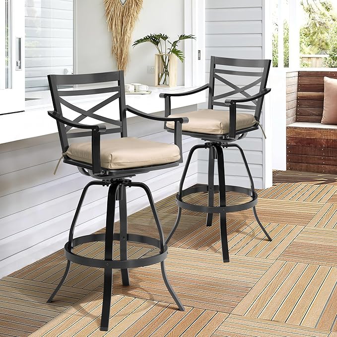 Pellebant 4 Pack Sunbrella Outdoor Bar Stools 30", Aluminum Swivel Patio Bar Height Bar Stools with Footrest and Backrest, for Deck Lawn Garden(Canvas Antique Beige)