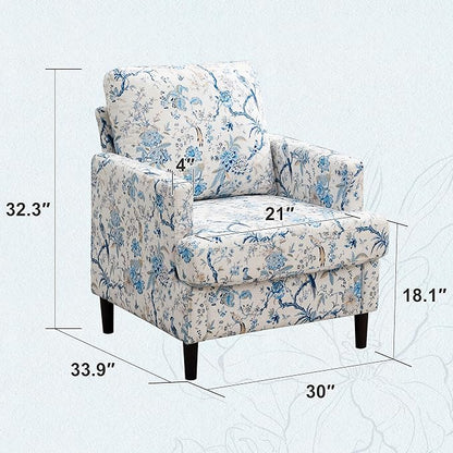 Mid-Century Accent Chair,Modern Linen Fabric Armchair for Living Room,Comfy Upholstered Reading Accent Chairs for Bedroom,Single Sofa Chair with Wood Legs (Blue Flowered Bird, 2 Pack)