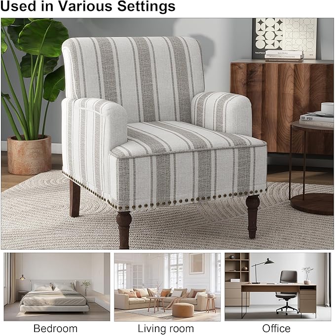 Accent Chair, Mid Century Modern Comfy Armchair for Living Room, Linen Fabric Single Sofa Lounge for Reading Bedroom Apartment Waiting Room with Wood Legs (Brown Stripe, Set of 2)
