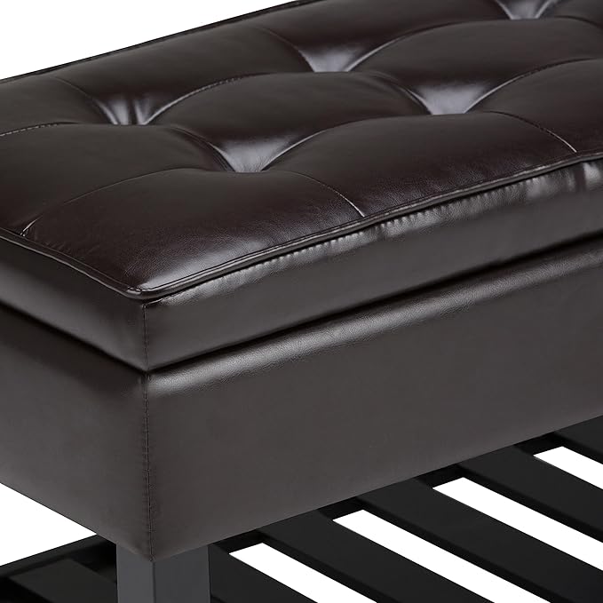 SIMPLIHOME Cosmopolitan 44 inch Wide Transitional Rectangle Storage Ottoman Bench with Open Bottom in Tanners Brown Vegan Faux Leather, Assembled for the Living Room and Bedroom