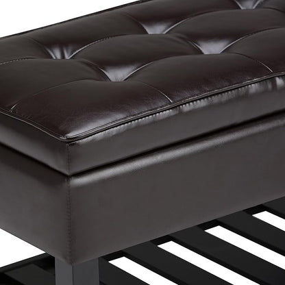 SIMPLIHOME Cosmopolitan 44 inch Wide Transitional Rectangle Storage Ottoman Bench with Open Bottom in Tanners Brown Vegan Faux Leather, Assembled for the Living Room and Bedroom
