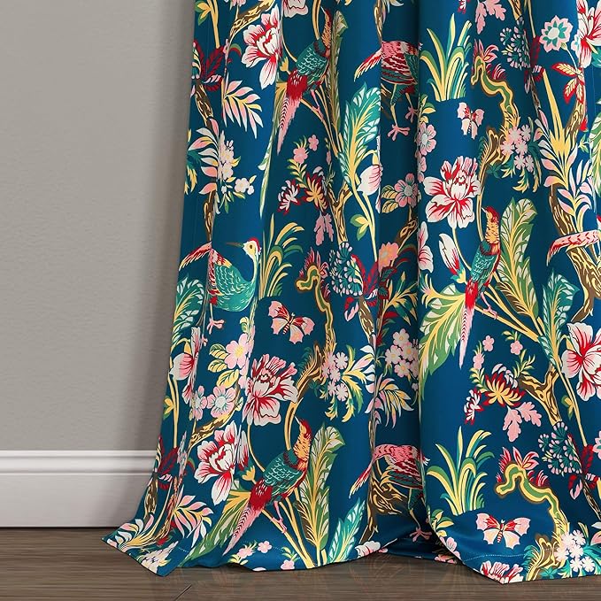 Lush Decor Dolores Light Filtering Window Panels, Pair, 52" W x 108" L, Navy & Multi - Floral Curtains for Bedroom - Vintage Curtains - Coquette Room Decor