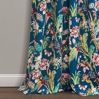 Lush Decor Dolores Light Filtering Window Panels, Pair, 52" W x 95" L, Navy & Multi - Floral Curtains for Bedroom - Vintage Curtains - Coquette Room Decor