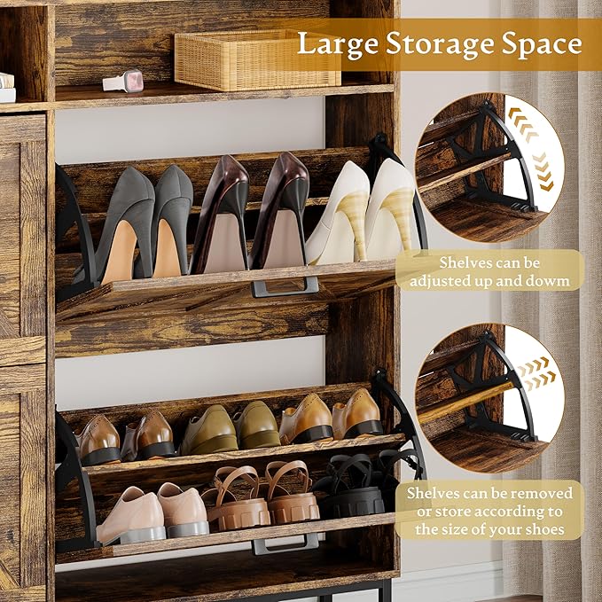Shoe Cabinet Storage for Entryway, Shoe Storage Cabinet with 4 Flip Drawers, Freestanding Narrow Shoe Rack Organizer with Metal Legs, Adjustable Shelves & Open Storage for Foyer, Hallway, Brown