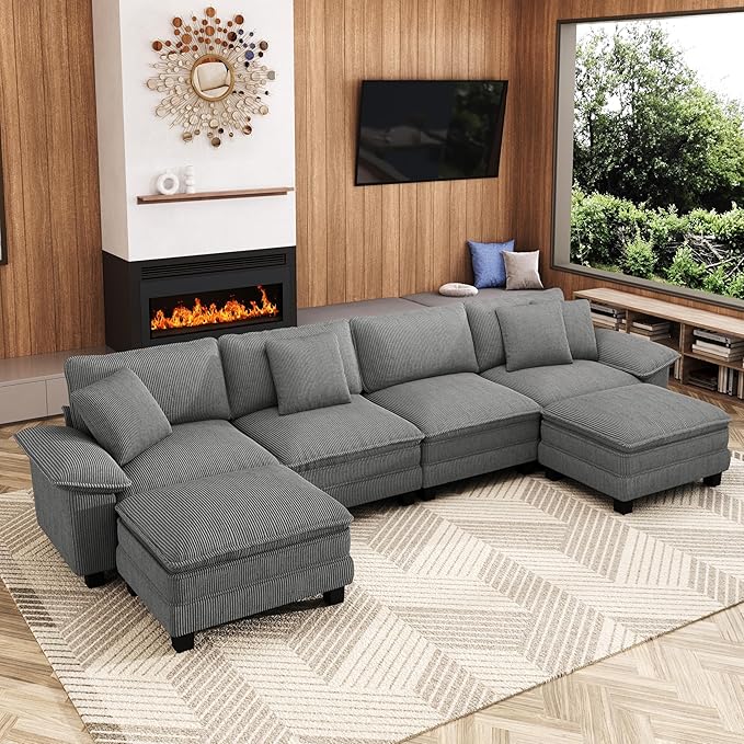 157-Inch U Shaped Sectional Sofa with Cloud Cushions, Deep Seat Modular Couch Set w/ 6 Seats & 2 Ottomans, Removable Arms, Plush Corduroy Upholstery for Living Room, Apartment - Gray