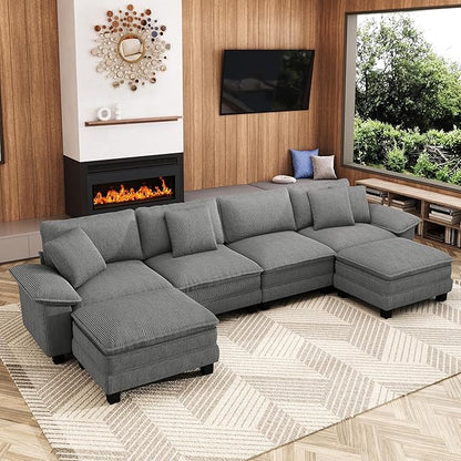 157-Inch U Shaped Sectional Sofa with Cloud Cushions, Deep Seat Modular Couch Set w/ 6 Seats & 2 Ottomans, Removable Arms, Plush Corduroy Upholstery for Living Room, Apartment - Gray