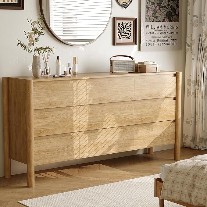 Dresser for Bedroom with 9 Drawers,63" Wide Oak Dresser with 4 Solid Wood Legs, Wooden TV Stand,Closet Clothes Organizer for Bedroom, Hallway