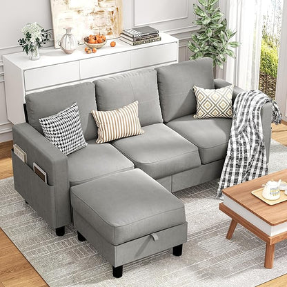 JY QAQA Convertible Sectional Sofa with 3-Seater Sofa, L-Shaped Ottoman Couch with Modern Linen for Apartment, Small Living Room and Small Space (Light Grey)