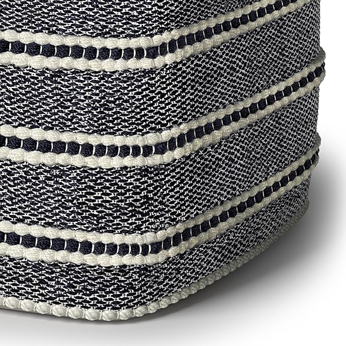 SIMPLIHOME Corrie Boho Square Woven Outdoor/ Indoor Pouf in Navy and White Recycled PET Polyester for the Living Room, Bedroom and Kids Room