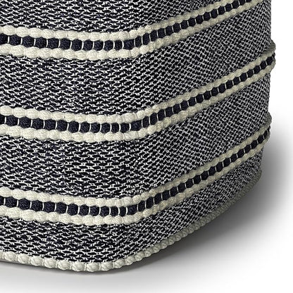 SIMPLIHOME Corrie Boho Square Woven Outdoor/ Indoor Pouf in Navy and White Recycled PET Polyester for the Living Room, Bedroom and Kids Room