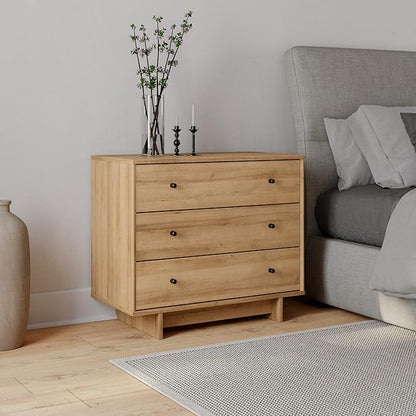 Prepac Finnley 3-Drawer Nightstand in Natural Oak, Extra-Wide Bedside Table with Storage, Modern End Table for Home, Bedroom, 16" D x 31" W x 26.75" H