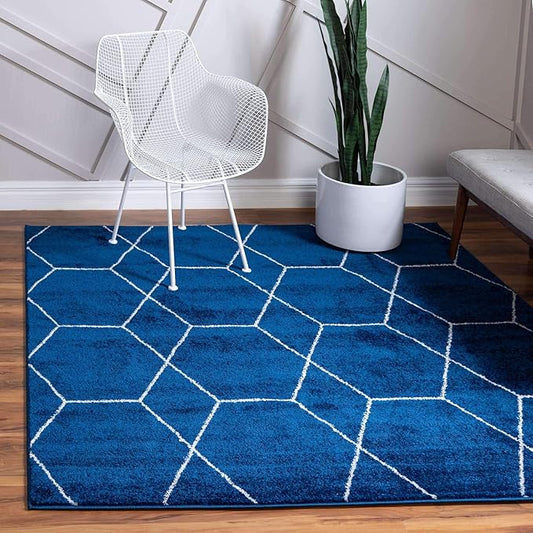 Unique Loom Trellis Frieze Collection Area Rug - Geometric (5' Square, Navy Blue/ Ivory)