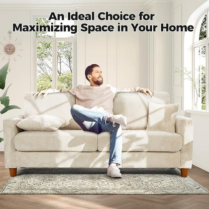 70in Corduroy Couch, Kidirect Sofa No Tool Assembly, Comfy Couches for Living Room 21in Deeper Seats, Corduroy Sofas for Living Room with 2 Pillows, Oversized Loveseat Sofa, Boho Love Seat Beige Couch