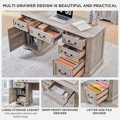 T4TREAM 59" Farmhouse Executive Desk with Drawers,Wood Home Office Computer Desk, Featuring Keyboard Tray,Charging Station,File Drawer, Storage Cabinet,for Work and Study (Light Rustic Oak)