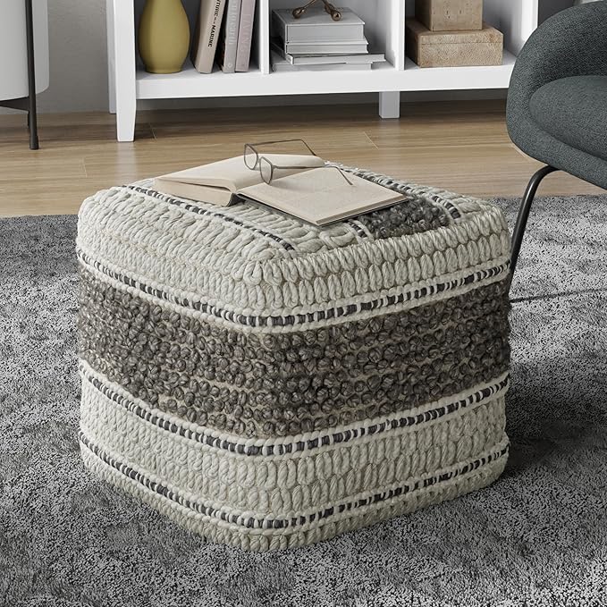 SIMPLIHOME Grady Contemporary Square Pouf in Earth Tone Brown Handloom Woven for the Living Room, Bedroom and Kids Room