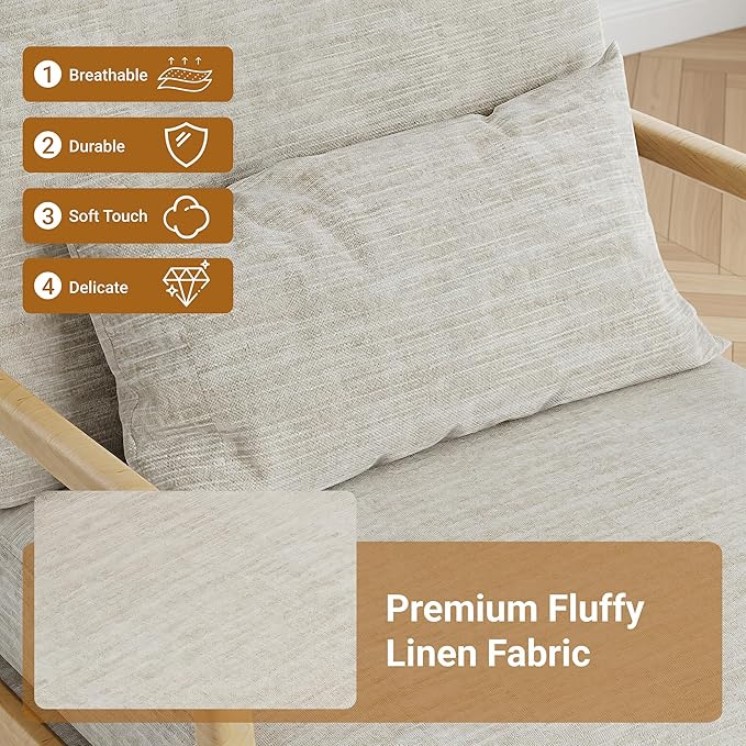 Claiks Mid-Century Modern Accent Chair, Living Room Armchair with Solid Wood Frame & Lumbar Pillow, Comfy Upholstered Lounge Chair for Bedroom, Office, Linen-Like Fabric, Light Gray