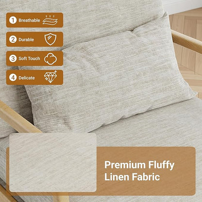 Claiks Mid-Century Modern Accent Chair, Living Room Armchair with Solid Wood Frame & Lumbar Pillow, Comfy Upholstered Lounge Chair for Bedroom, Office, Linen-Like Fabric, Light Gray